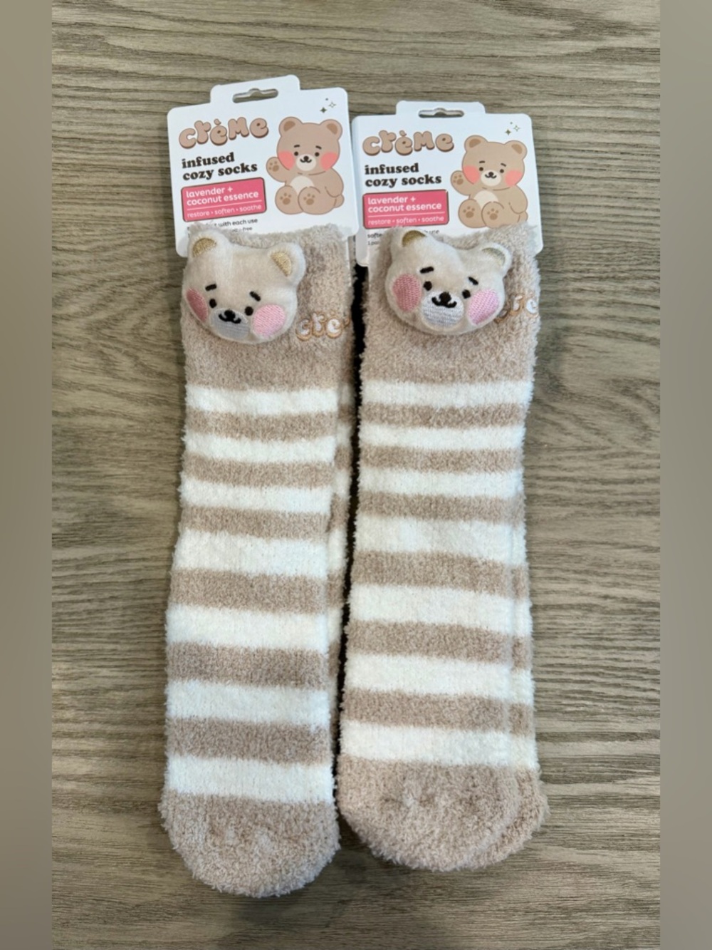 Infused Cozy Socks - Beige & White Striped Plush Bear Accent NEW
